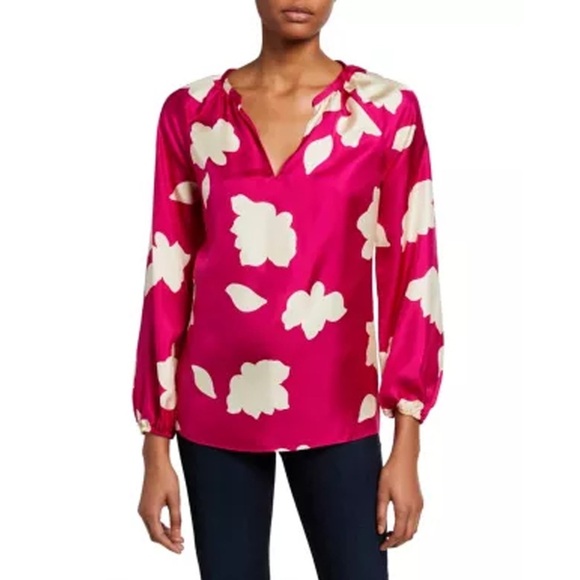 Theory - Petal Open V-Neck Gath­ered Long-Sleeve Silk Blouse - Fuschia - Picture 1 of 12